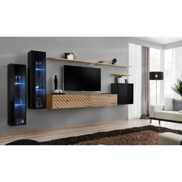 SWITCH XI hanging wall unit, noir brillant with chêne Wotan, slatted fronts — vue 2