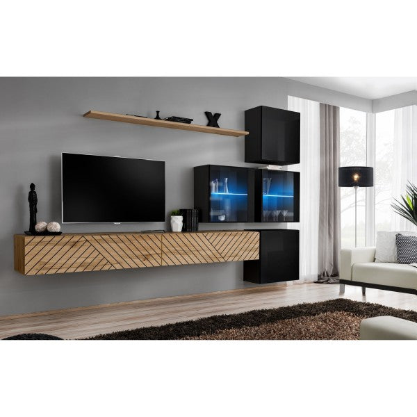 SWITCH XIX hanging wall unit, chêne Wotan with noir brillant, slatted fronts — vue 2