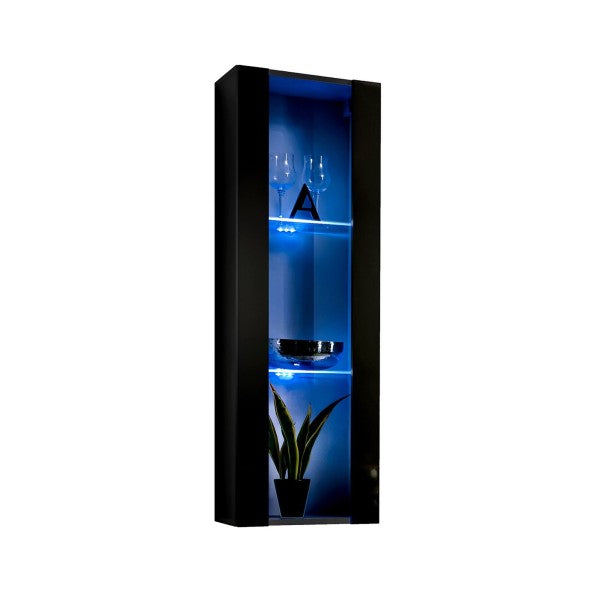 FLY 21 hanging display cabinet with lighting, gloss black — vue 2