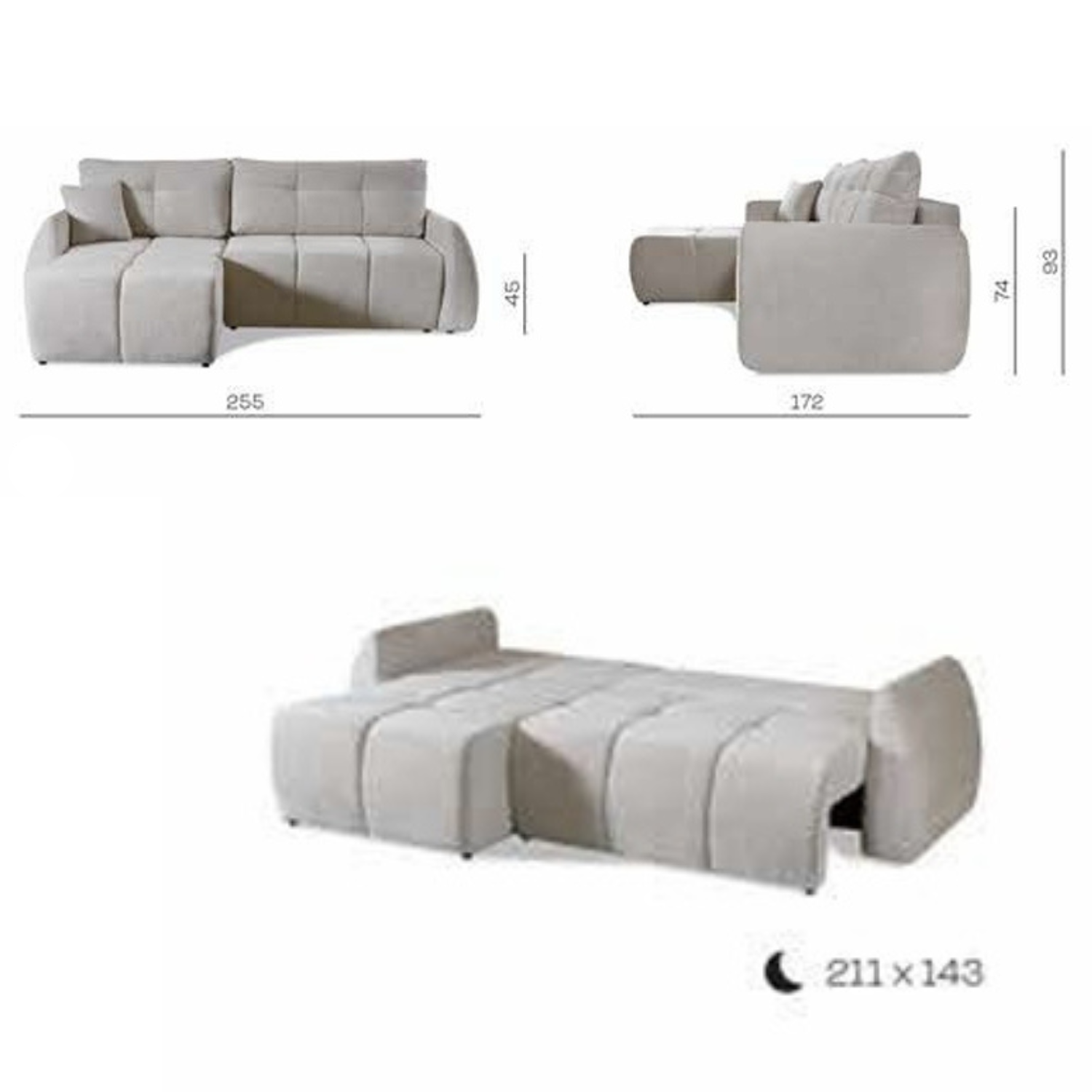 Canapé d’angle convertible – 255 cm – Couchage & Rangement – Moderne et modulable