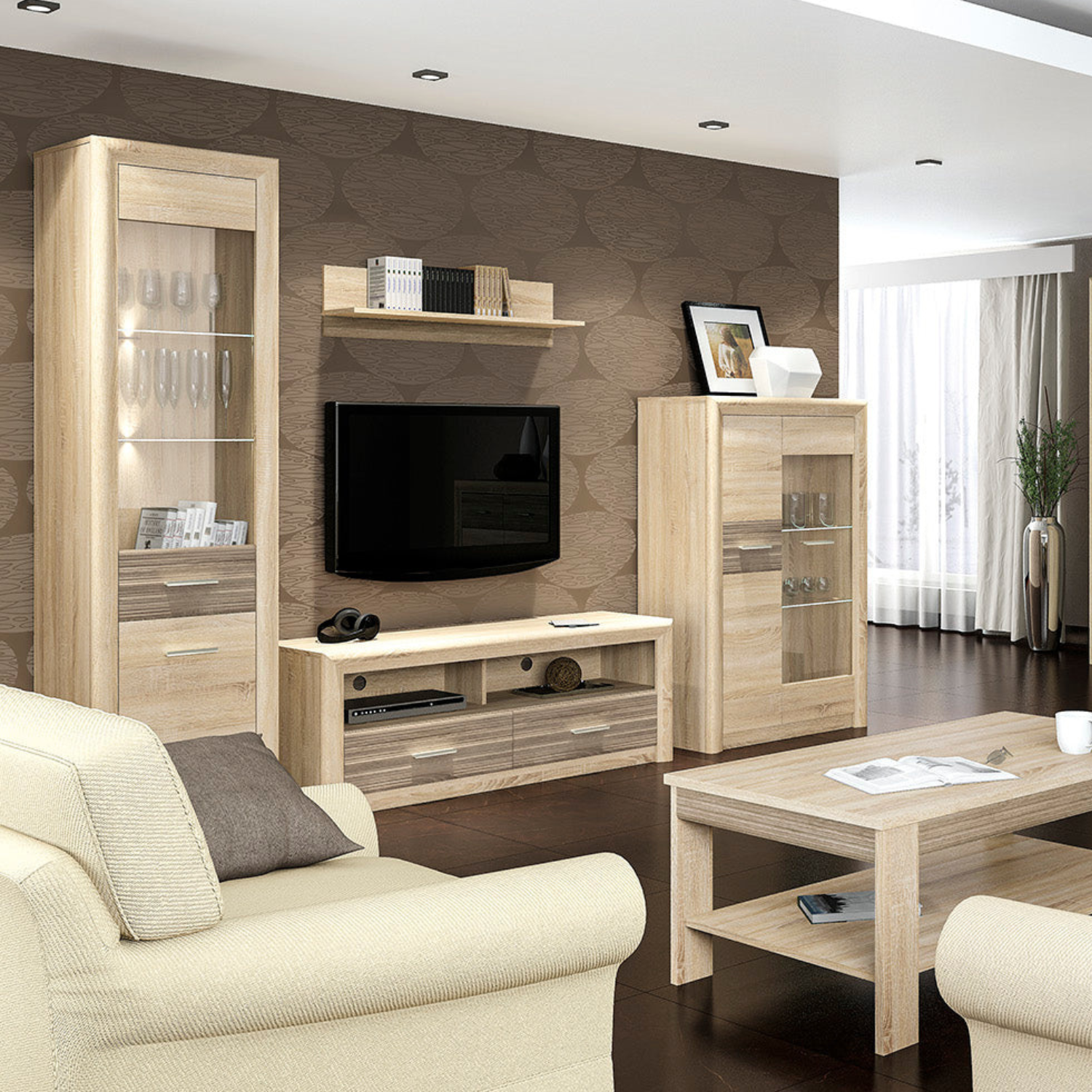 Meuble TV moderne Sonoma Light & Truffe – design élégant avec tiroirs renforcés