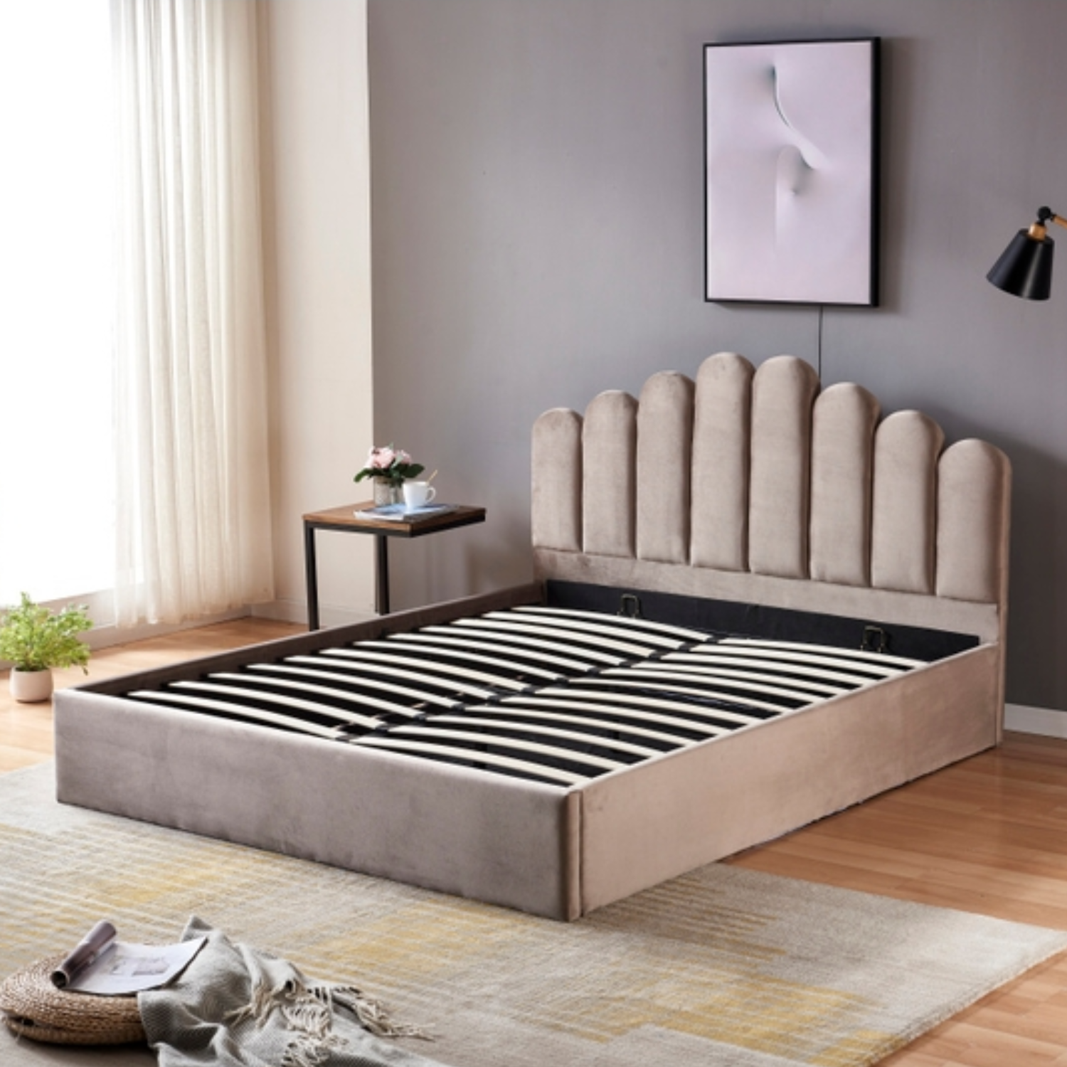 Lit coffre 2 places – Velours – Sommier à lattes en bois – 140x190 & 160x200 cm