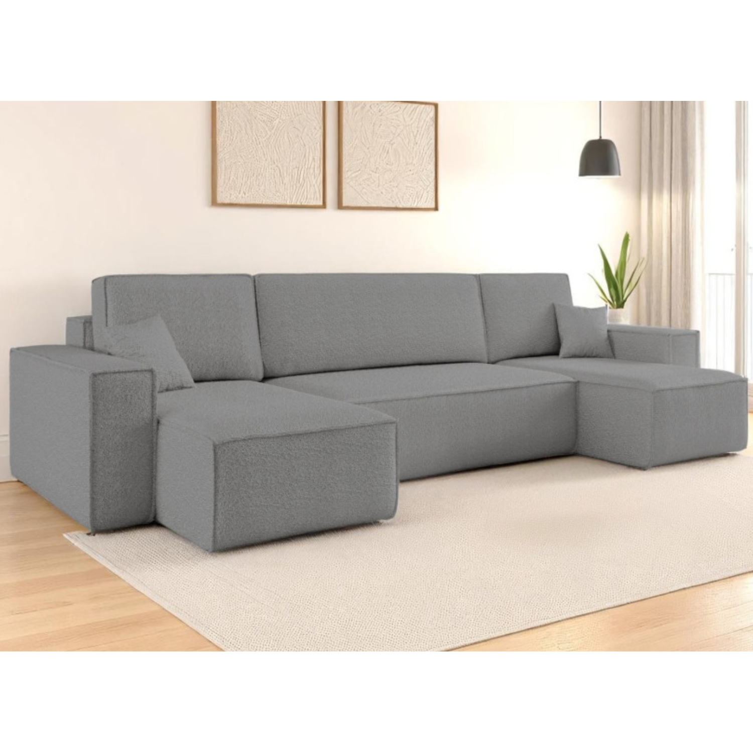 Canapé d'angle panoramique convertible 6 places en tissu bouclette