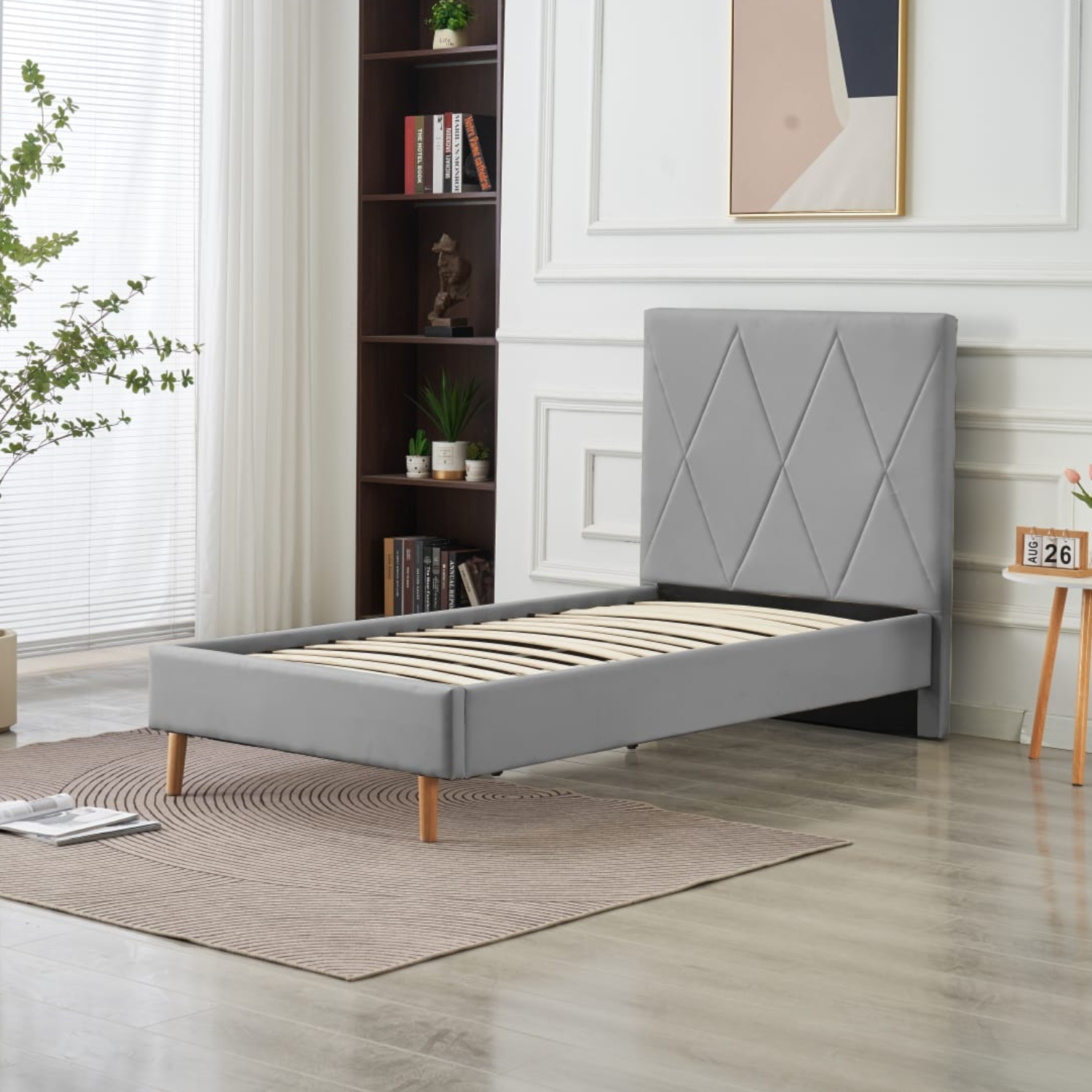 Lit Simple Pied Bois en Similicuir – Blanc, Beige, Noir, Gris – 90x190, 140x190, 160x200 cm