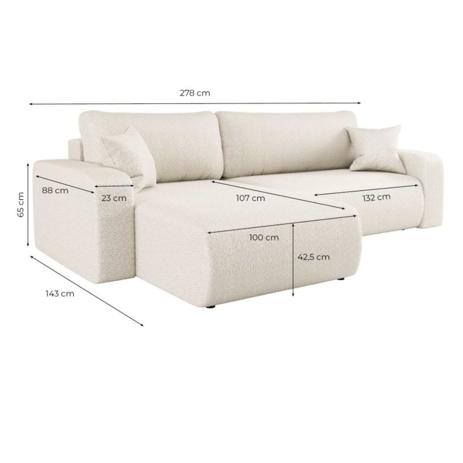 Canapé d'angle max réversible et convertible 5 places en tissu bouclette