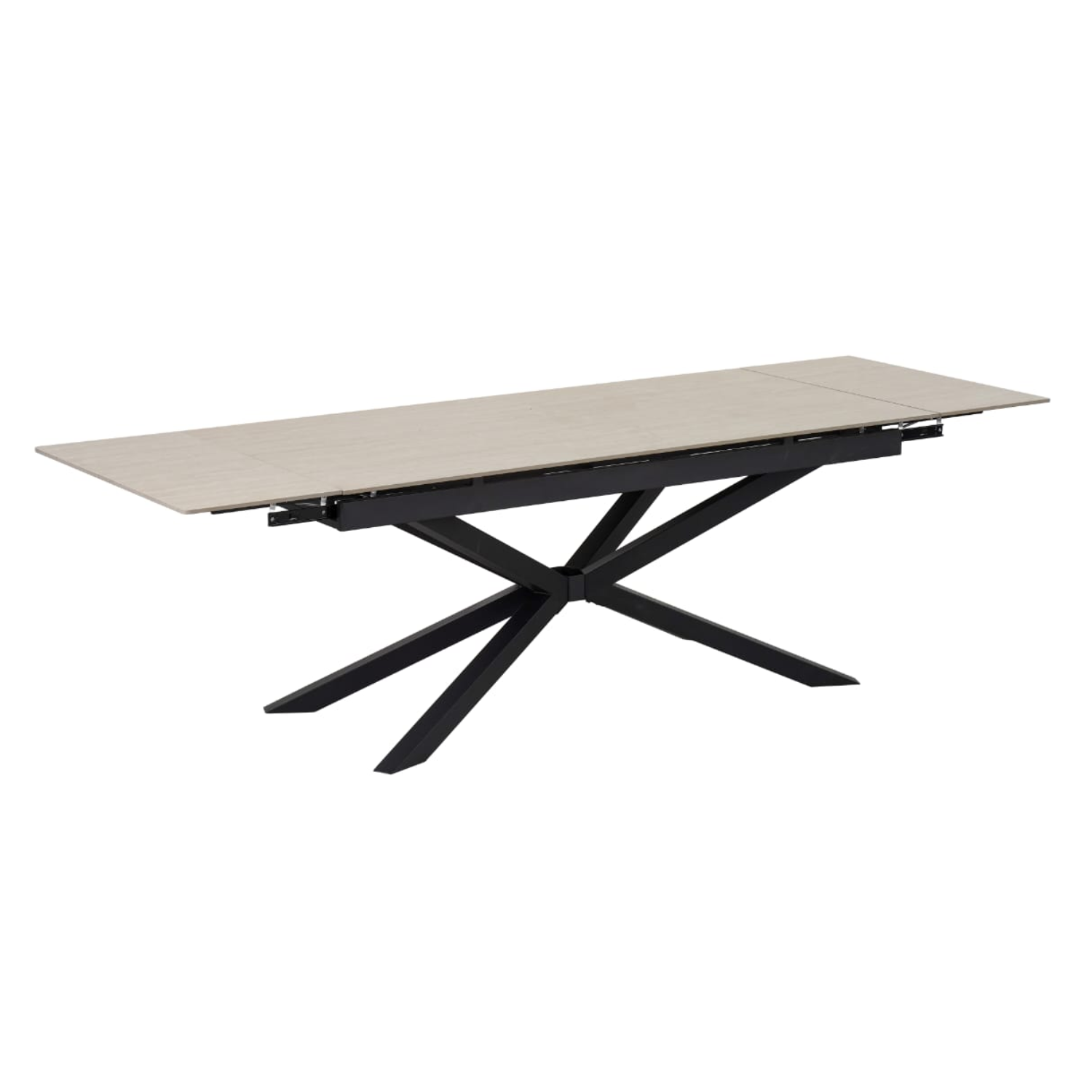 Table à manger extensible – Plateau céramique travertin mat ou blanc – Pied métal noir – 180/260x90x76 cm