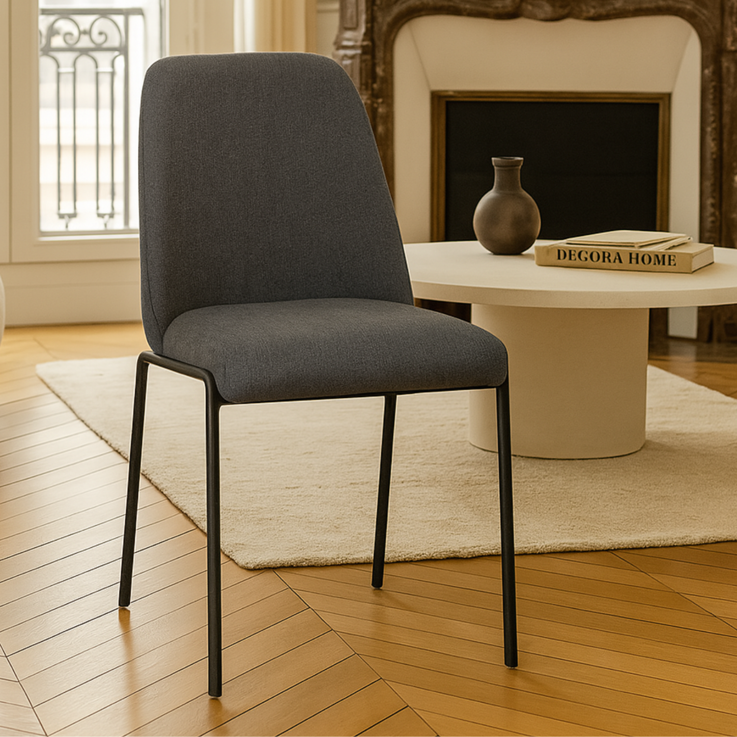 Chaise en Tissu Effet Lin avec Pieds en Métal Noir