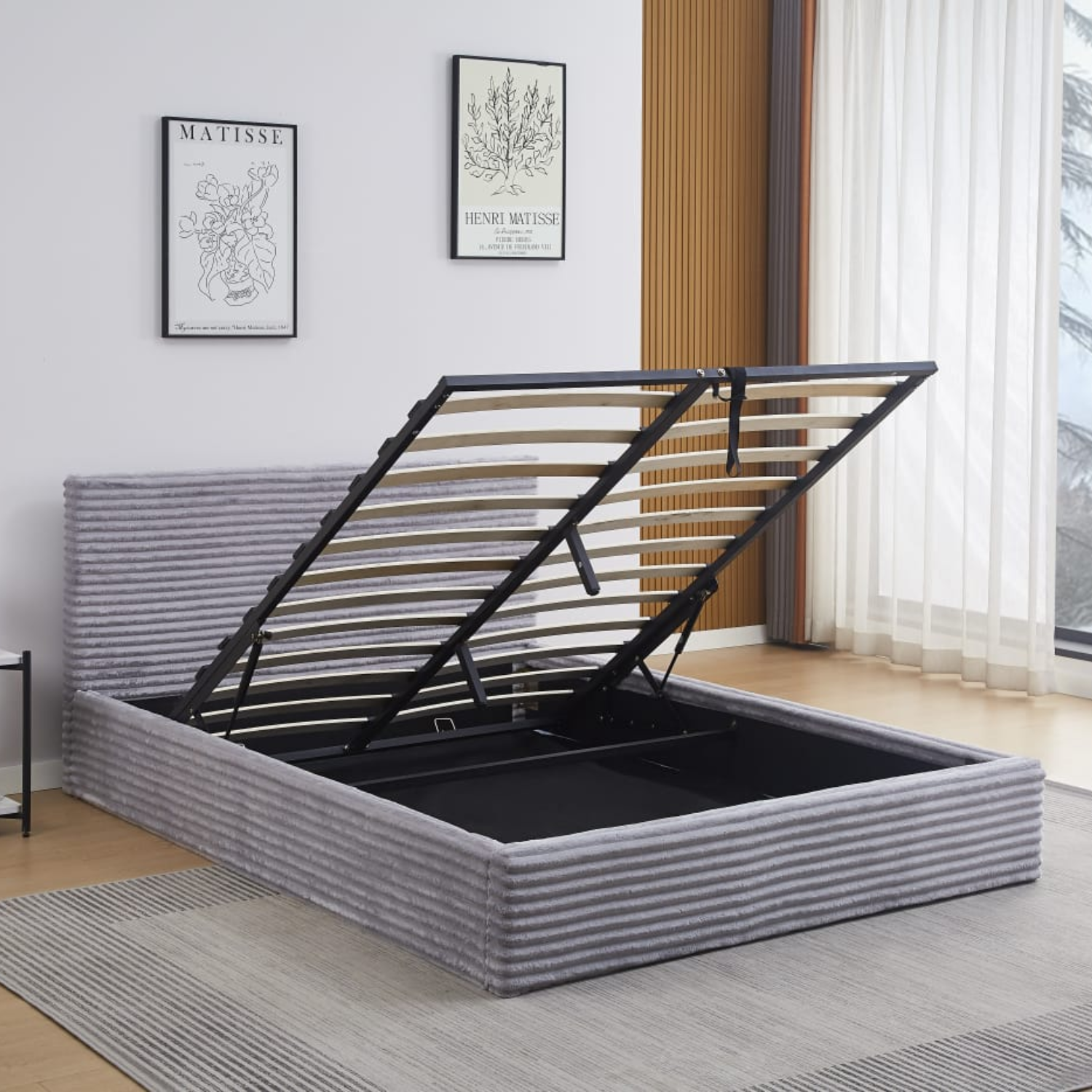 Lit Coffre Côtelé en Velours – Écru ou Gris – 90x190, 140x190, 160x200 cm