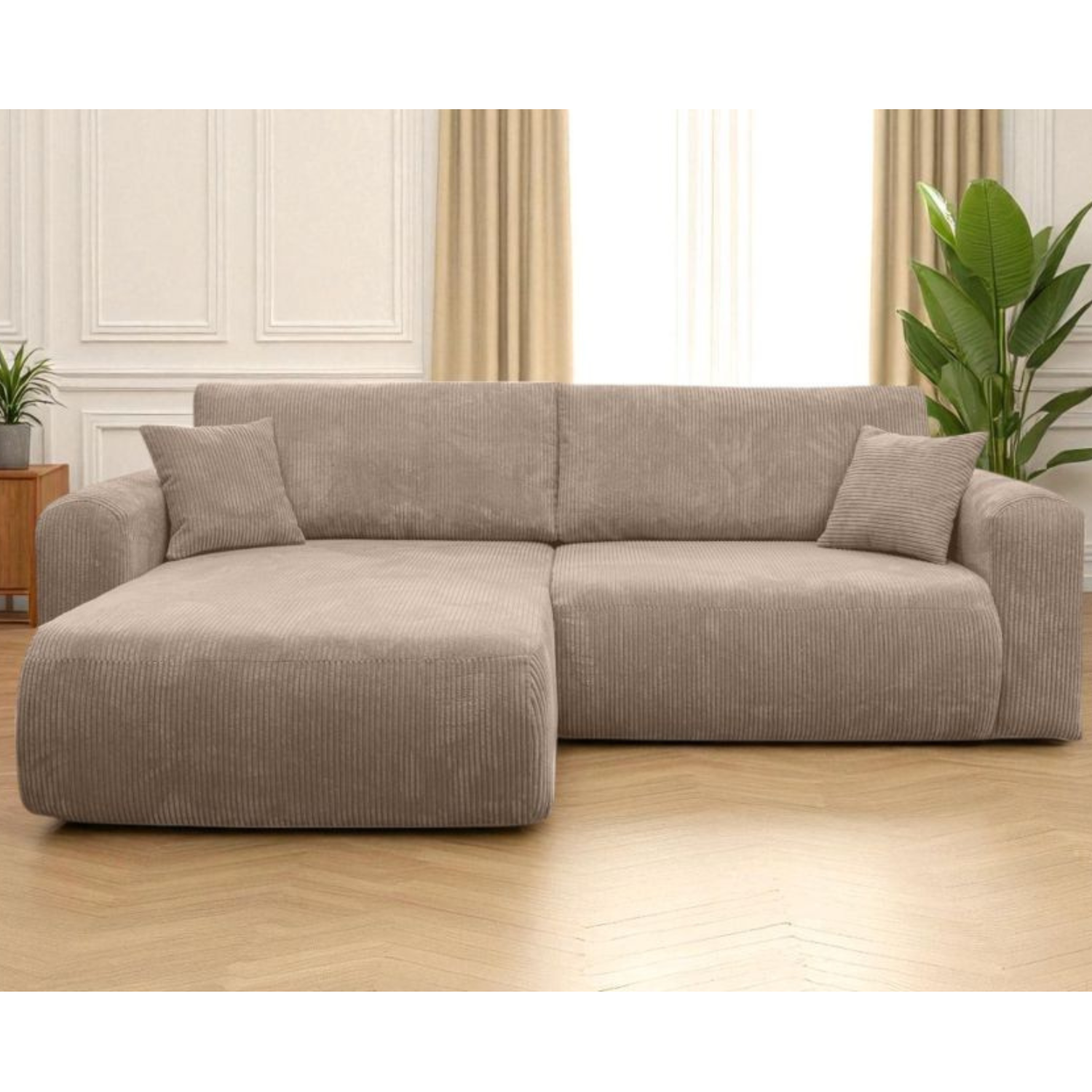 Canapé d’Angle Réversible – 4 Places – Convertible avec Coffre – Tissu Bouclette ou Velours Côtelé