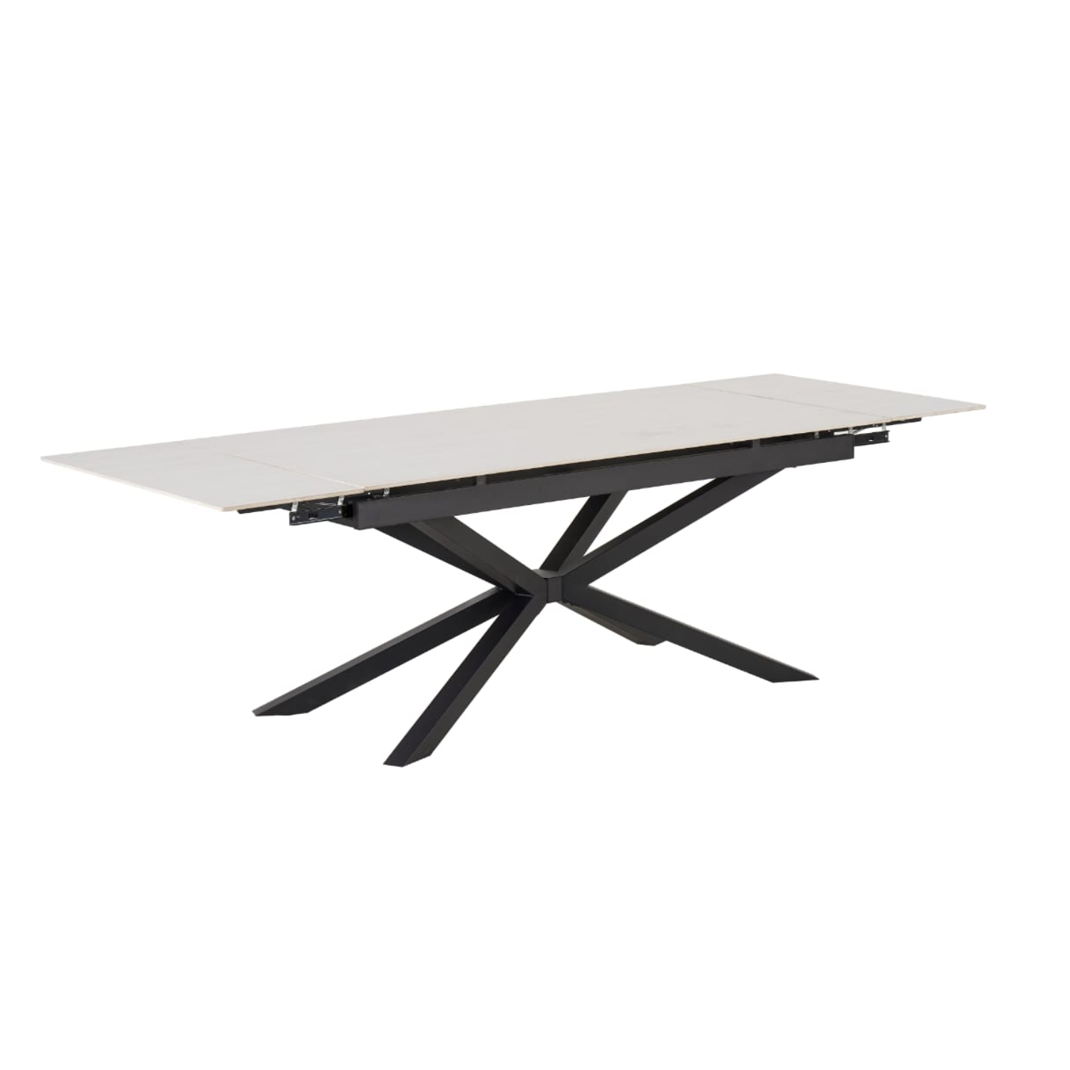 Table à manger extensible – Plateau céramique travertin mat ou blanc – Pied métal noir – 180/260x90x76 cm