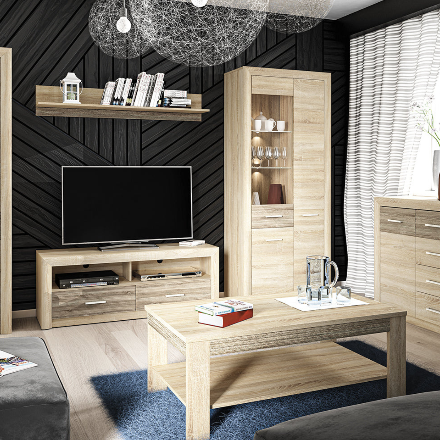 Meuble TV moderne Sonoma Light & Truffe – design élégant avec tiroirs renforcés