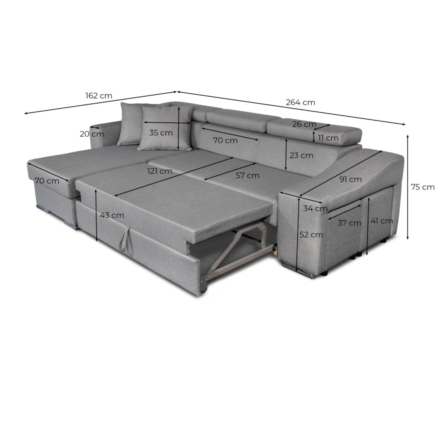 Canapé d'angle réversible, convertible avec coffre et 2 poufs en tissu