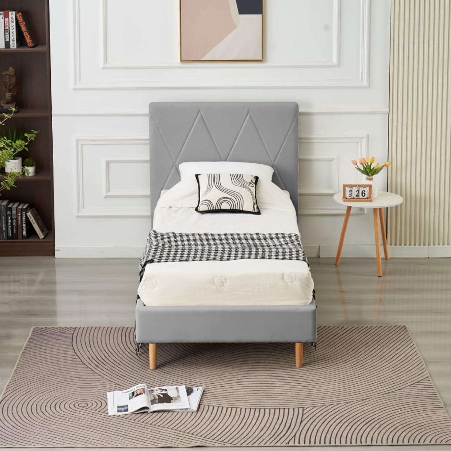 Lit Simple Pied Bois en Similicuir – Blanc, Beige, Noir, Gris – 90x190, 140x190, 160x200 cm