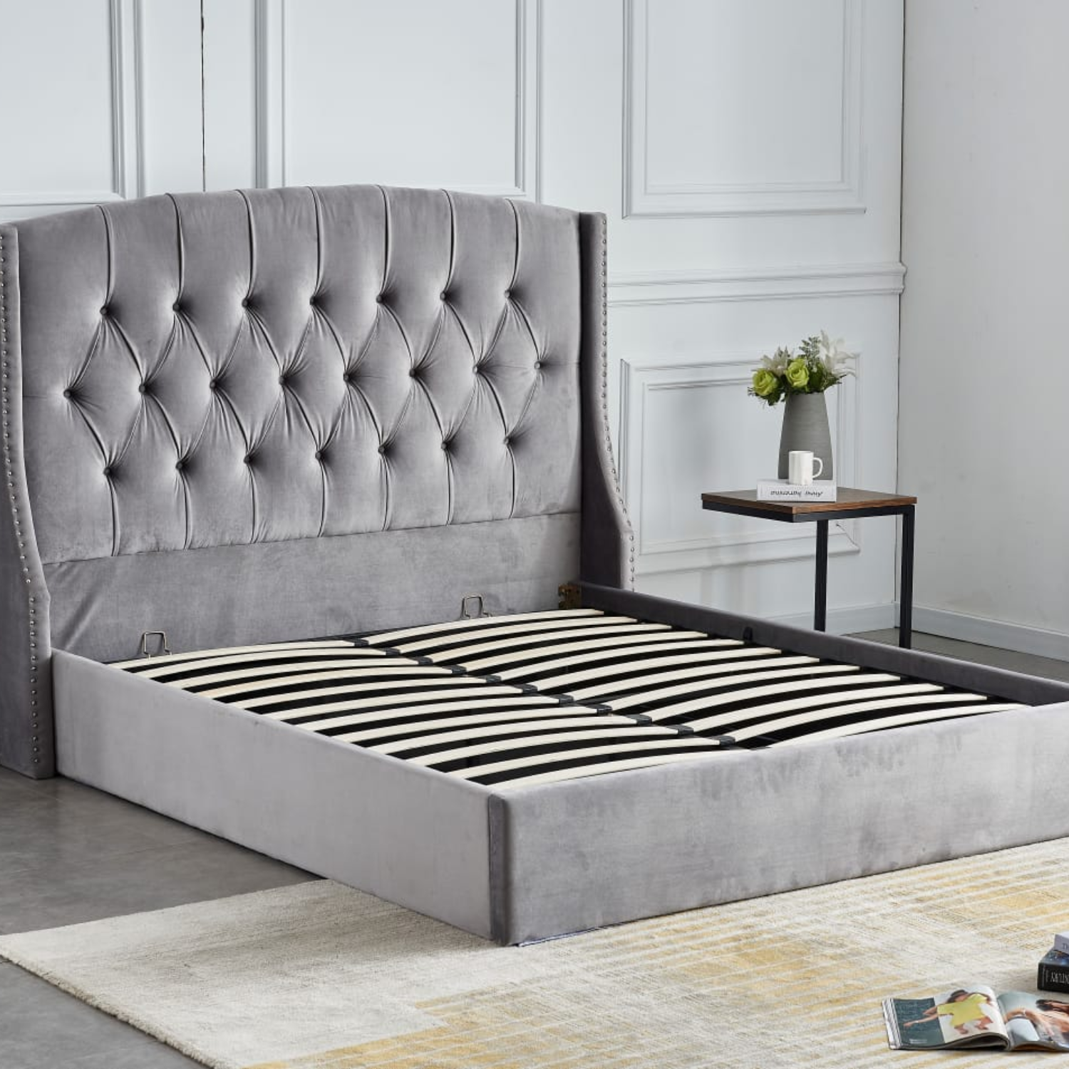 Lit coffre en velours capitonné – Sommier à lattes et rangement intégré – 180x200 cm – Gris, Beige ou Noir