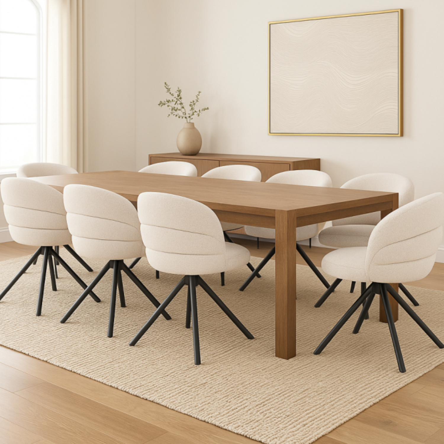 Chaise design pivotante 360° – Assise en tissu texturé, piétement en acier noir (Beige ou Taupe)