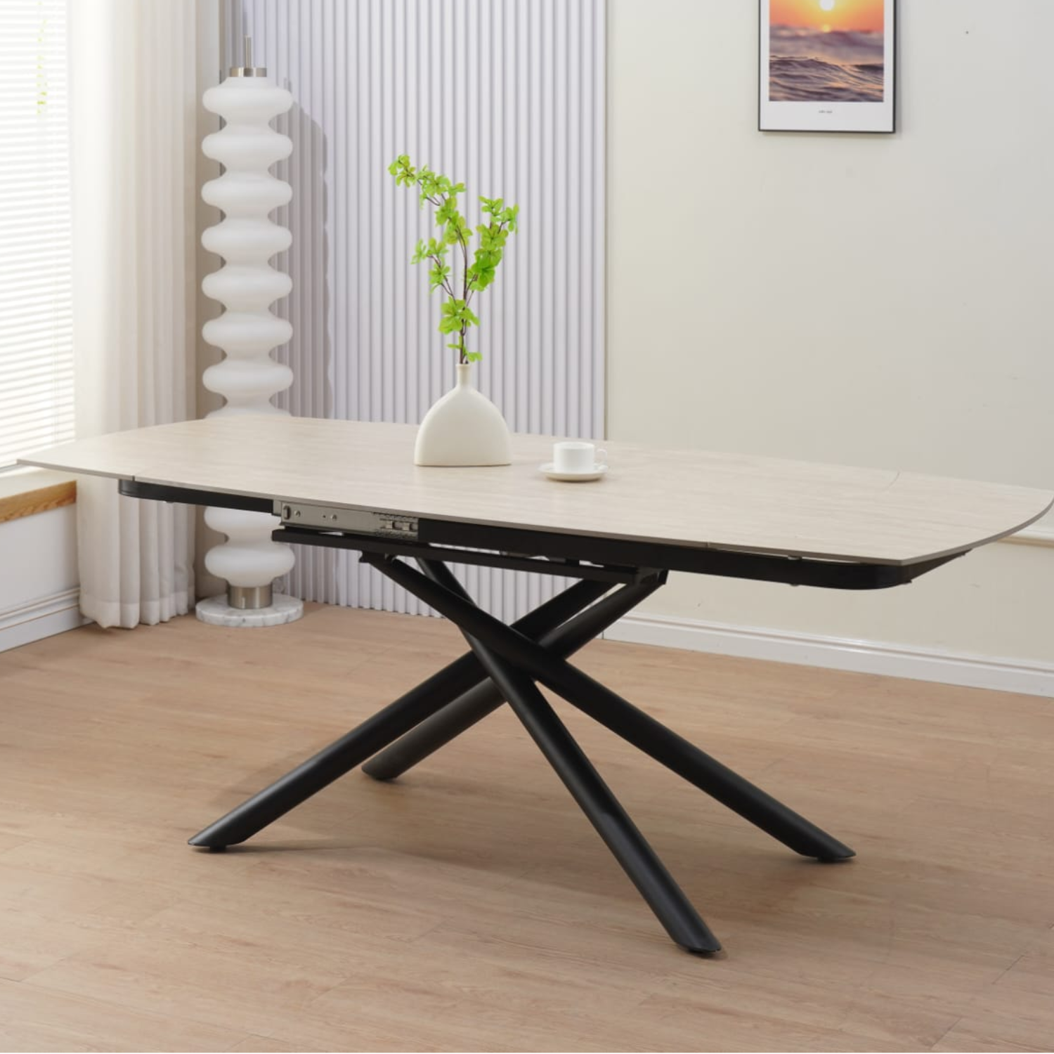 Table à manger extensible – Plateau céramique travertin mat ou blanc – Pied métal noir – 129/189x89x76 cm