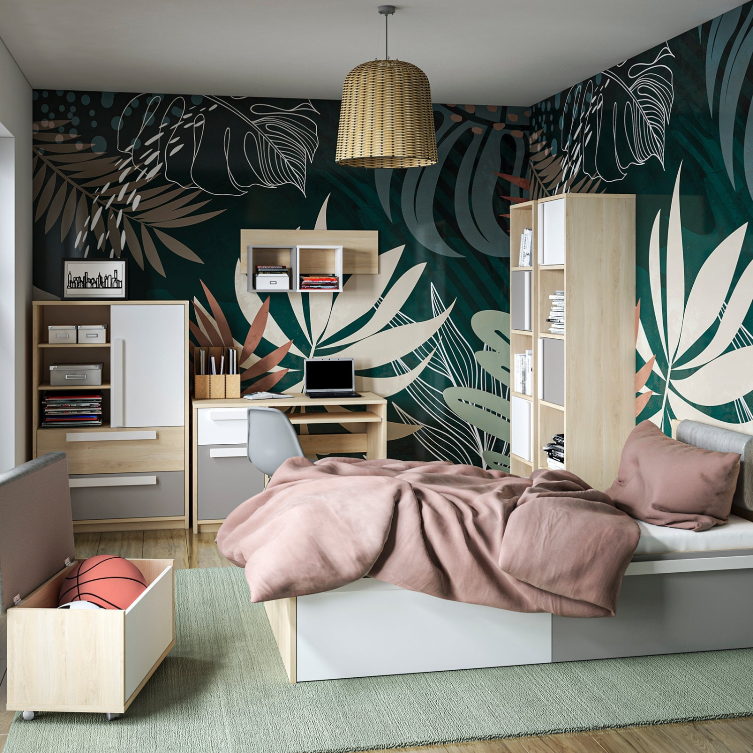 Lit contemporain Hêtre Fjord + Blanc, cadre solide avec bordure ABS et finition résistante