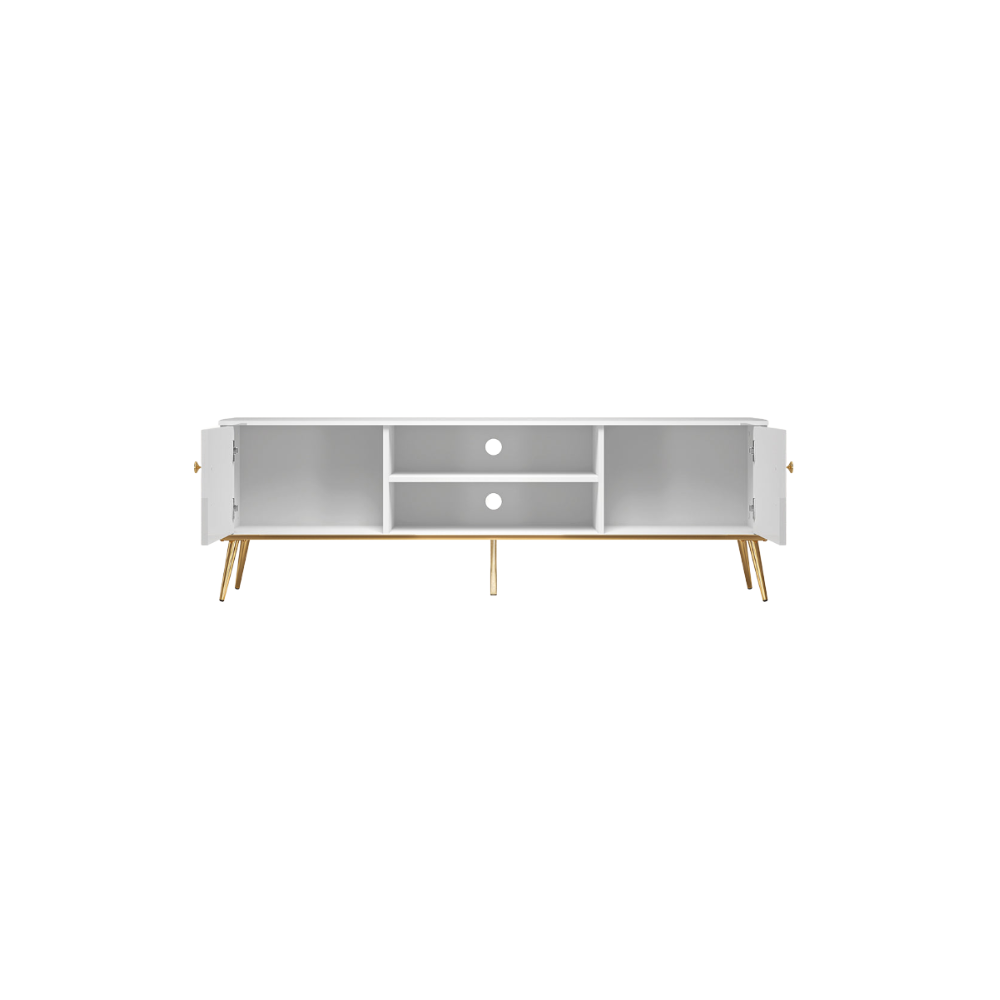 Meuble TV en Bois Blanc Laqué Brillant avec pieds dorés - Decora Home
