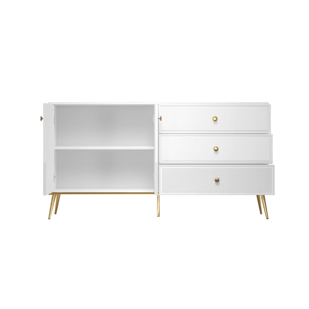 Commode, Buffet, Buffet en Bois Blanc Laqué Brillant avec Pieds Dorés - Decora Home