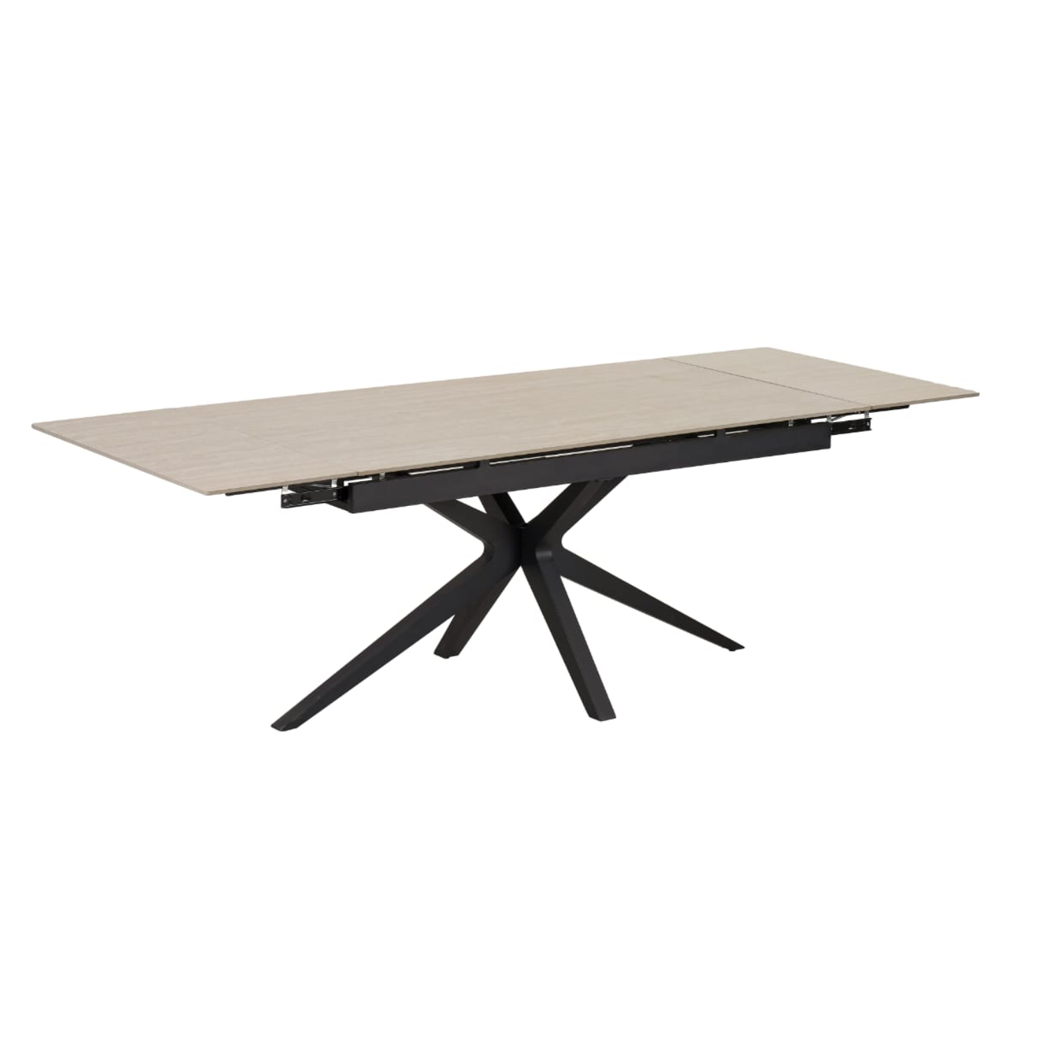 Table à manger extensible – Plateau céramique travertin mat ou blanc – Pied métal noir – 160/240x90x76 cm