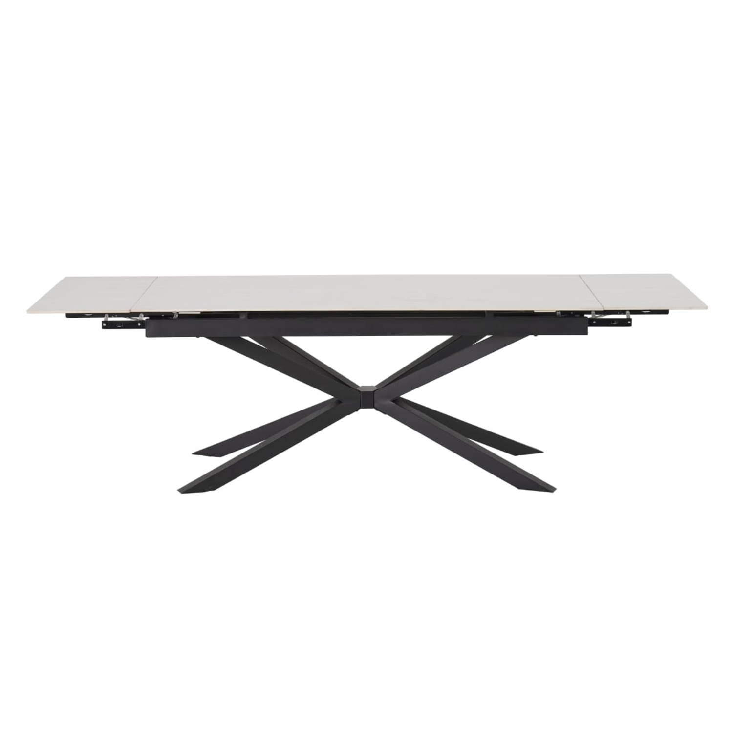 Table à manger extensible – Plateau céramique travertin mat ou blanc – Pied métal noir – 180/260x90x76 cm