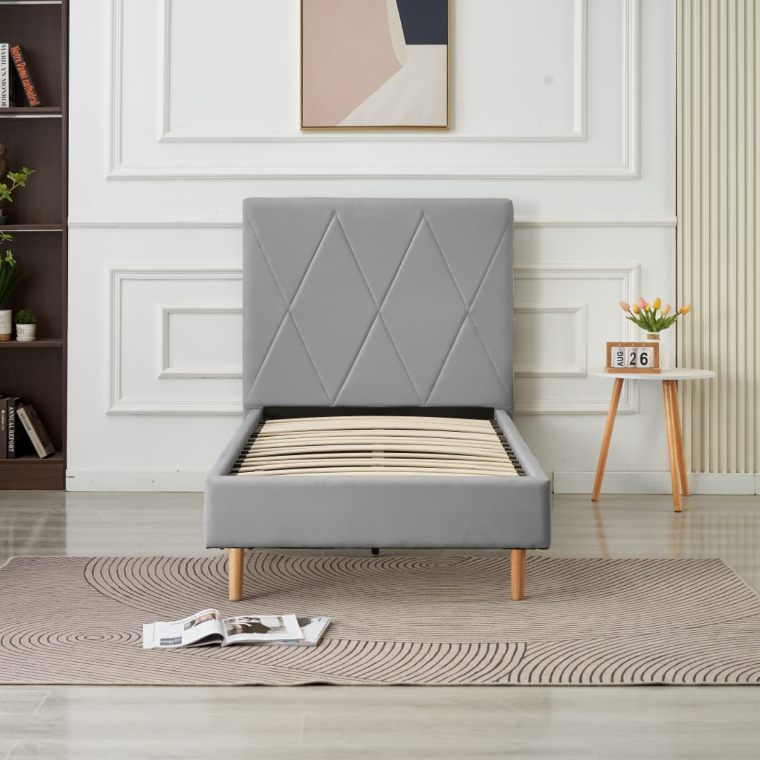 Lit Simple Pied Bois en Similicuir – Blanc, Beige, Noir, Gris – 90x190, 140x190, 160x200 cm