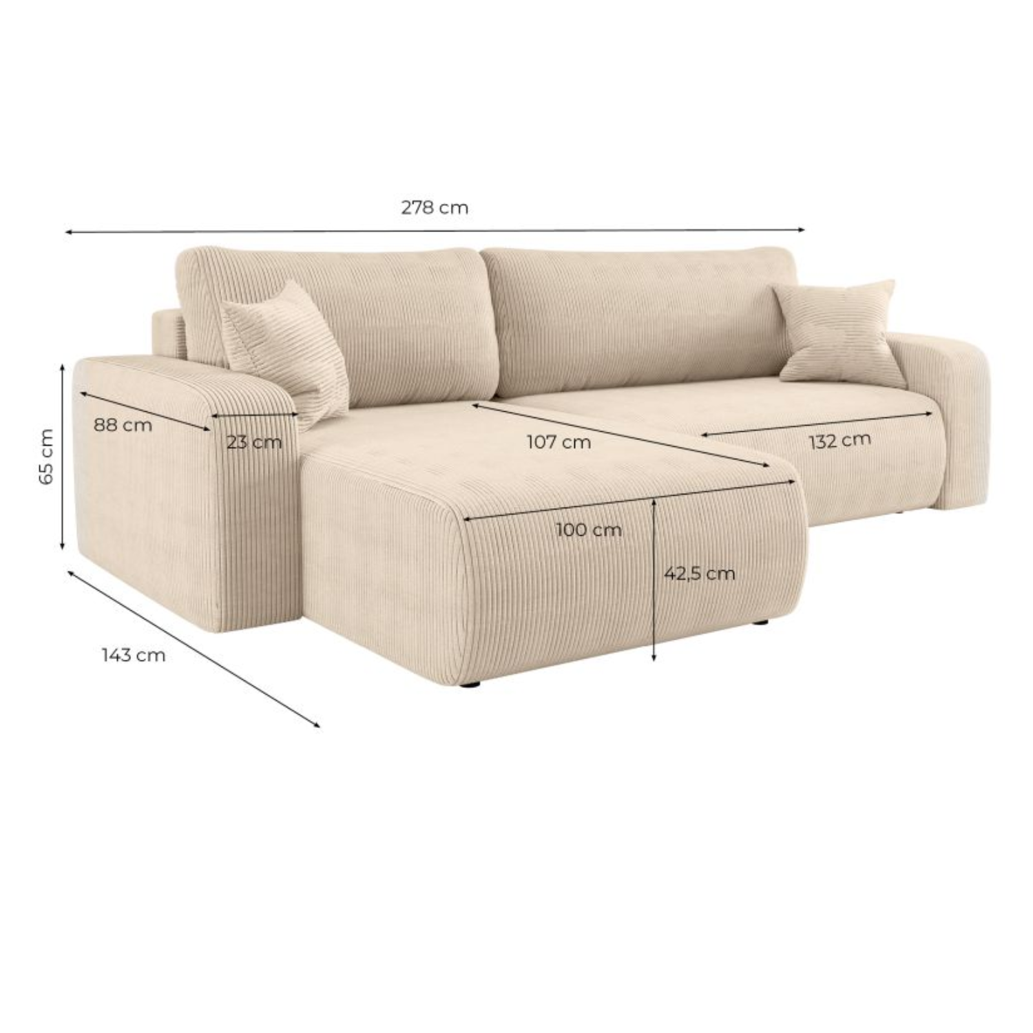 Canapé d'angle max réversible et convertible 5 places en velours côtelé