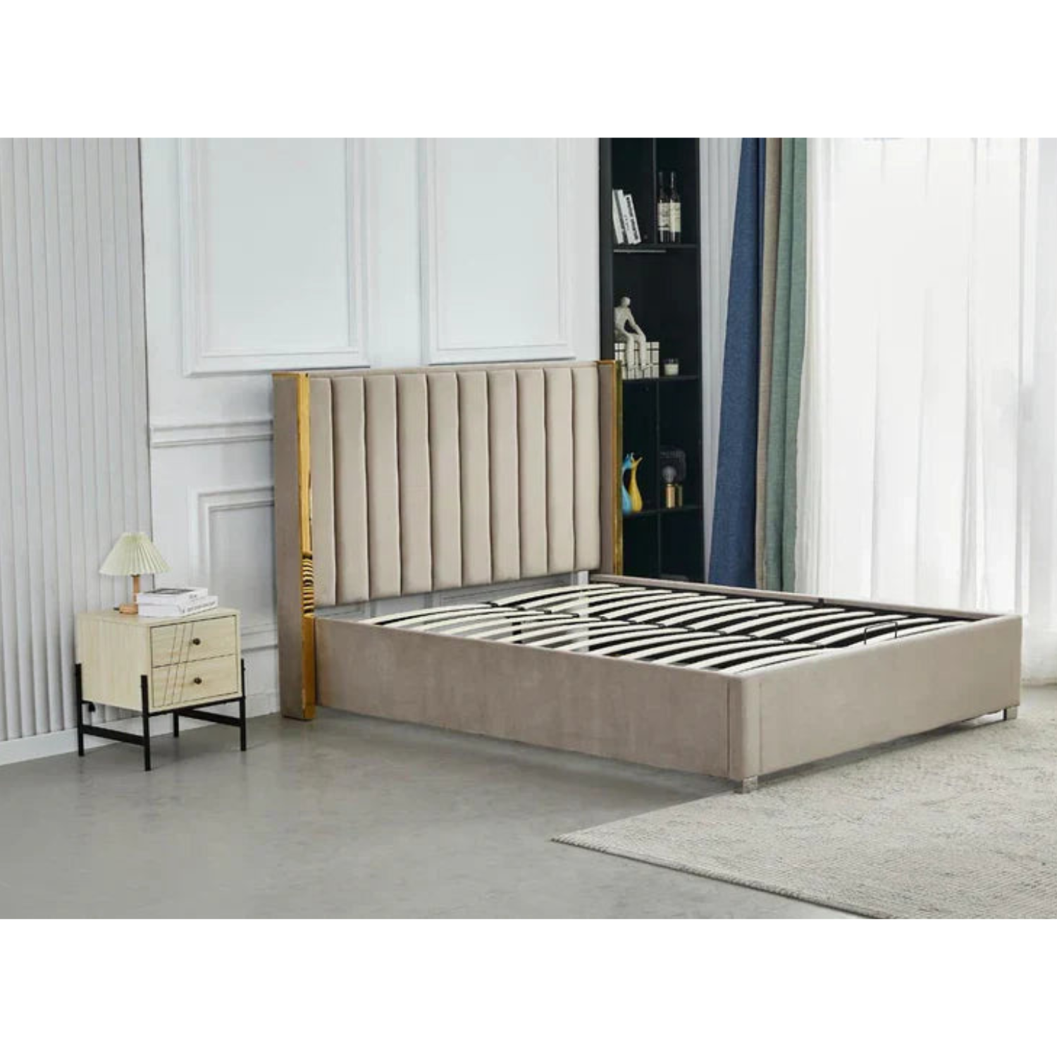 Lit Coffre avec Tête Capitonnée  avec Rangement  – Velours Taupe, Gris ou Noir – 140x200 / 160x200 cm