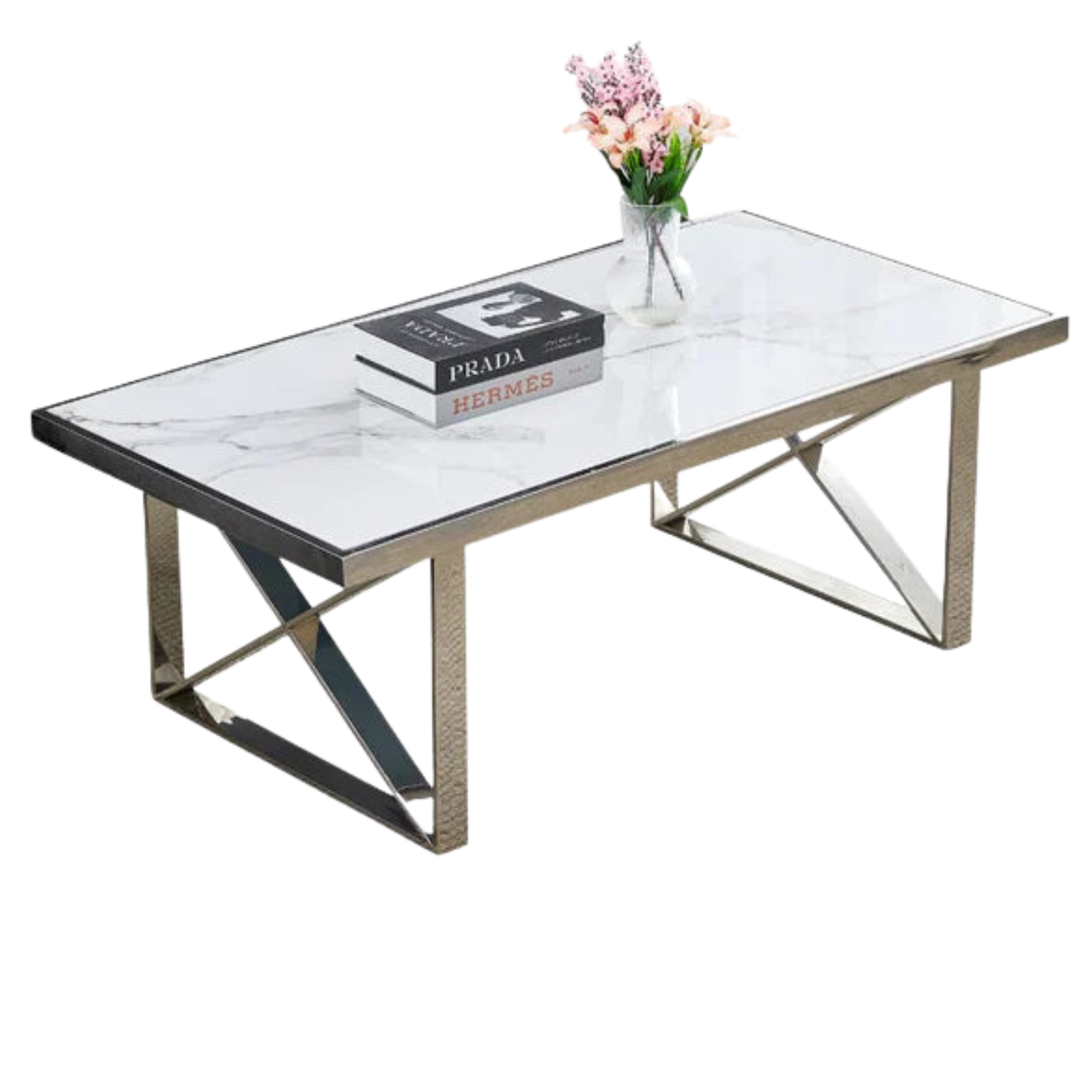 Table Basse Plateau en Marbre Blanc ou Noir et Pieds Métalliques
