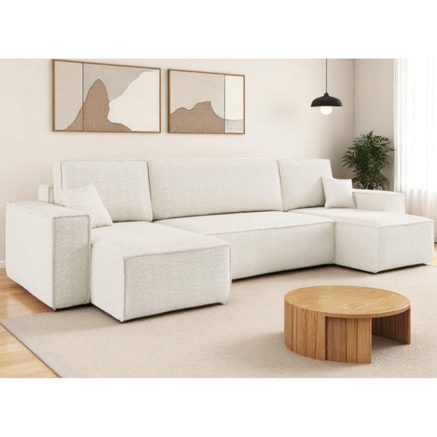 Canapé d'angle panoramique convertible 6 places en tissu bouclette