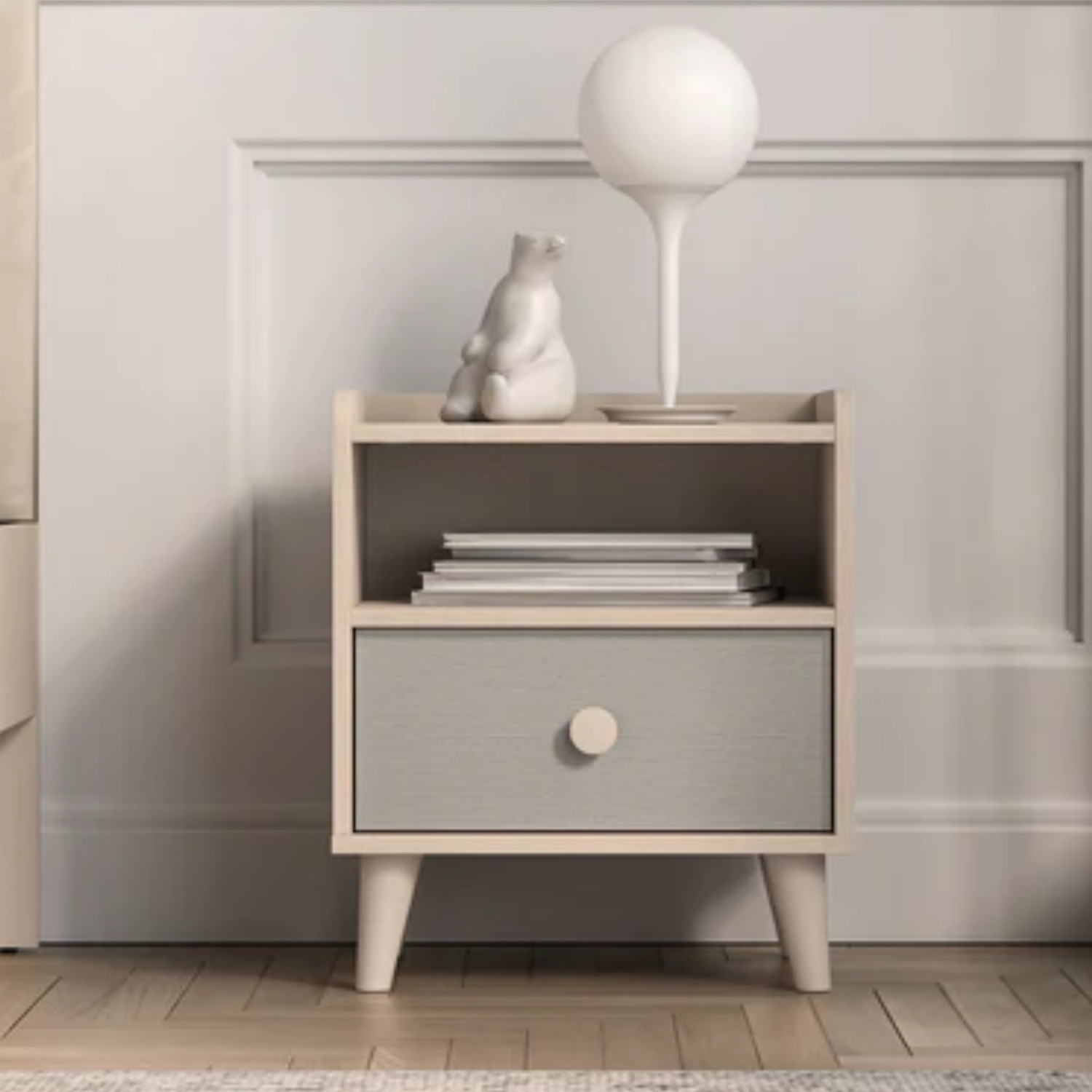 Table de chevet pour enfant en rose millénaire et sable du désert, avec bordure en ABS résistante aux chocs et à l'humidité