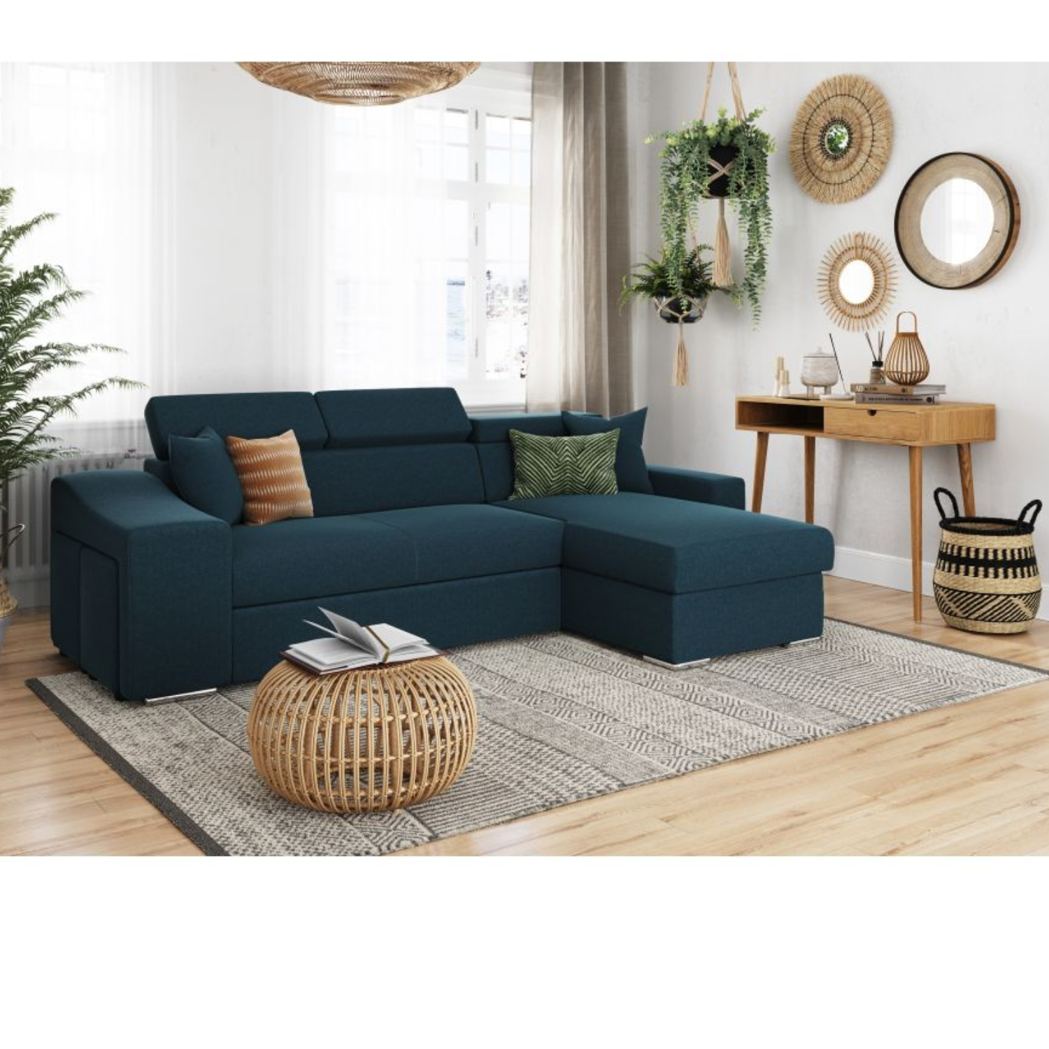 Canapé d'angle réversible, convertible avec coffre et 2 poufs en tissu