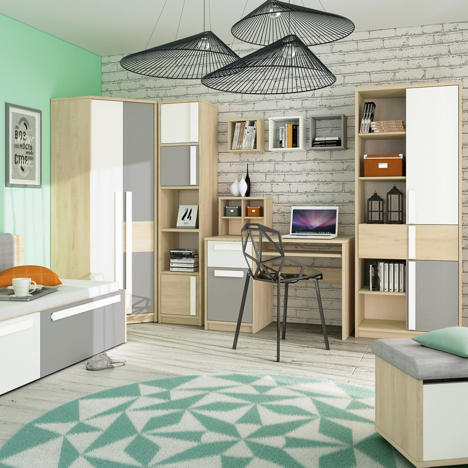 Lit contemporain Hêtre Fjord + Blanc, cadre solide avec bordure ABS et finition résistante