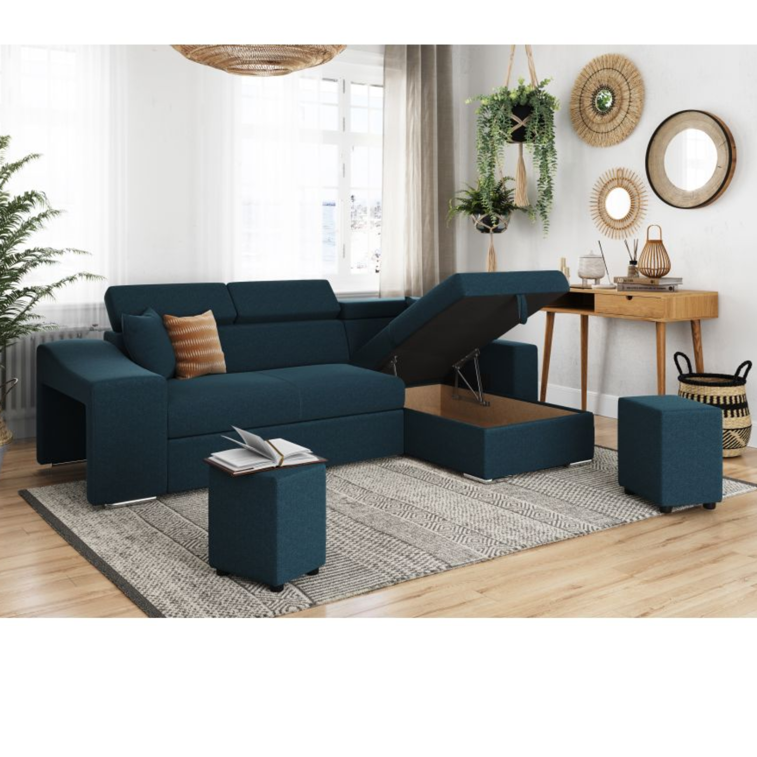 Canapé d'angle réversible, convertible avec coffre et 2 poufs en tissu