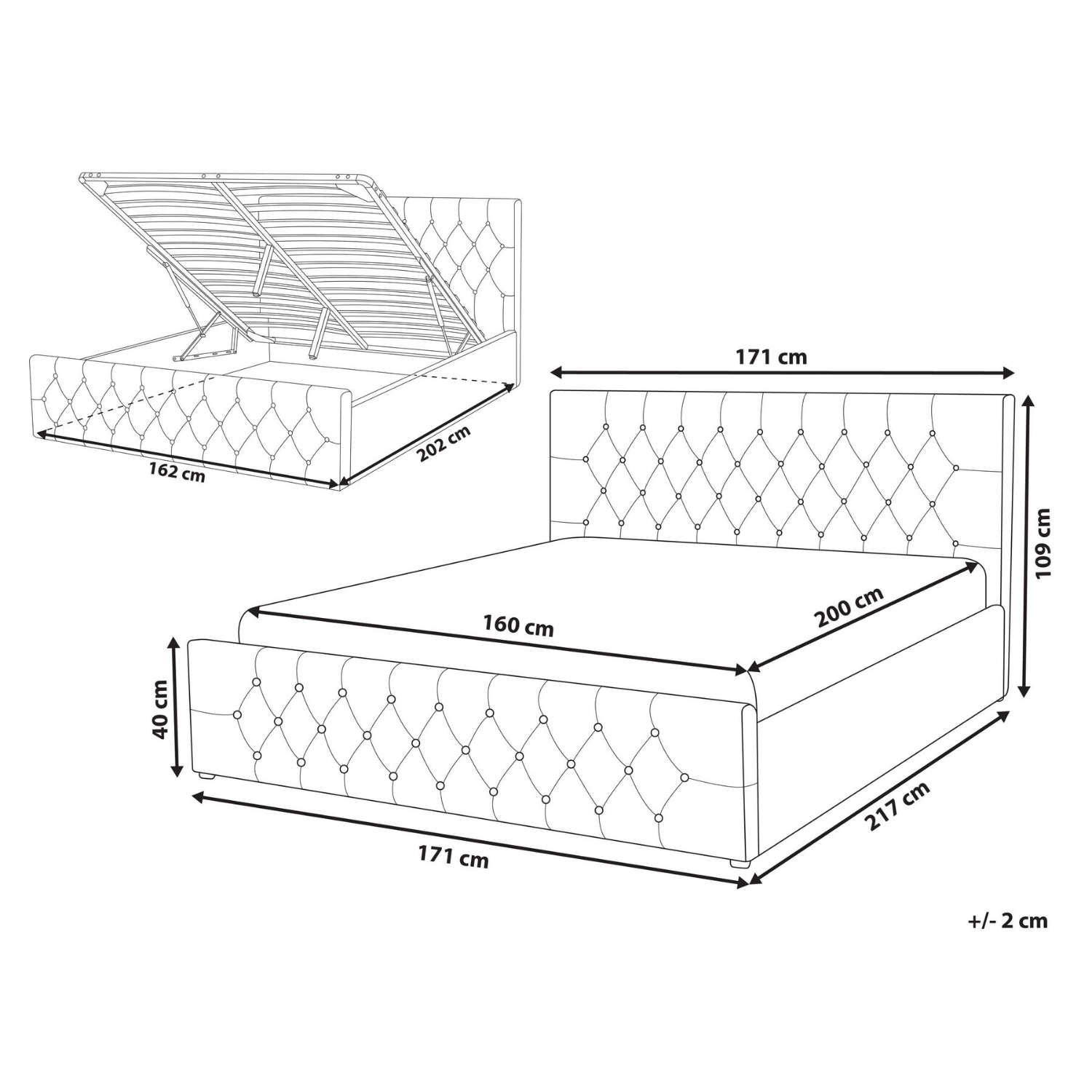 Lit CALINA en velours – Coffre de rangement – 140x200 & 160x200 cm – Noir, Gris, Beige