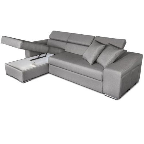 Canapé d'angle réversible, convertible avec coffre et 2 poufs en tissu