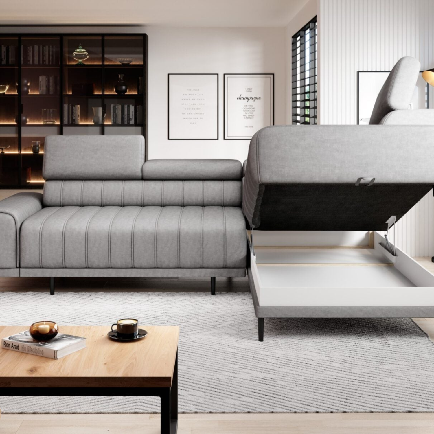 Canapé d’angle – Design moderne, appuis-tête réglables, lit d’appoint & coffre de rangement