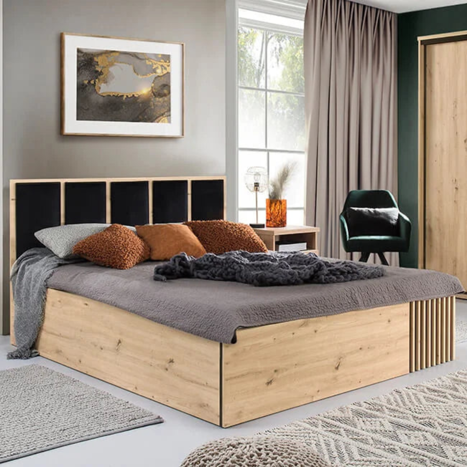 Lit moderne avec tête de lit rembourrée noire et rangement intégré