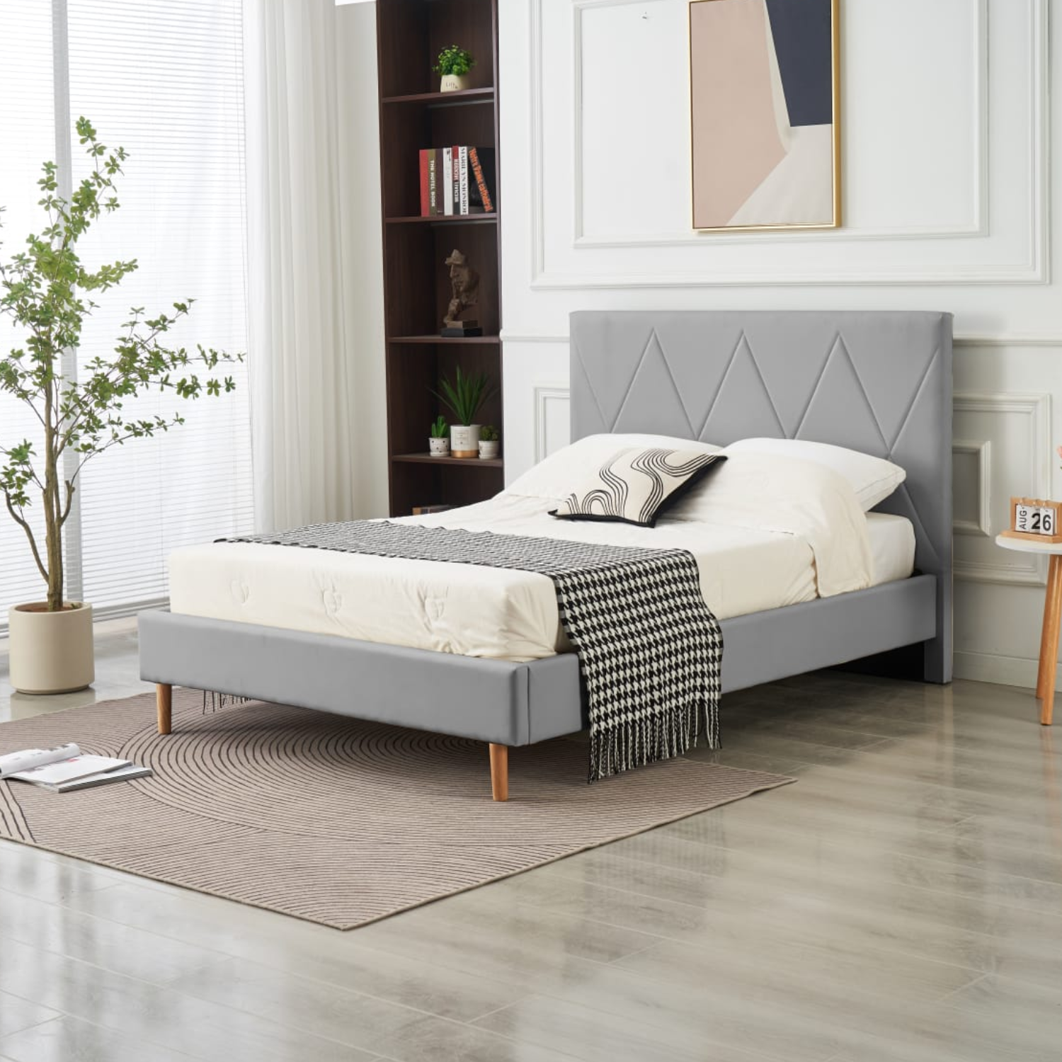 Lit Simple Pied Bois en Similicuir – Blanc, Beige, Noir, Gris – 90x190, 140x190, 160x200 cm