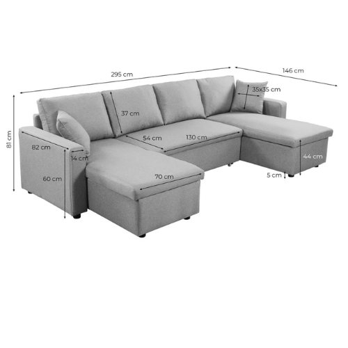 Canapé U panoramique convertible avec 2 coffres en tissu