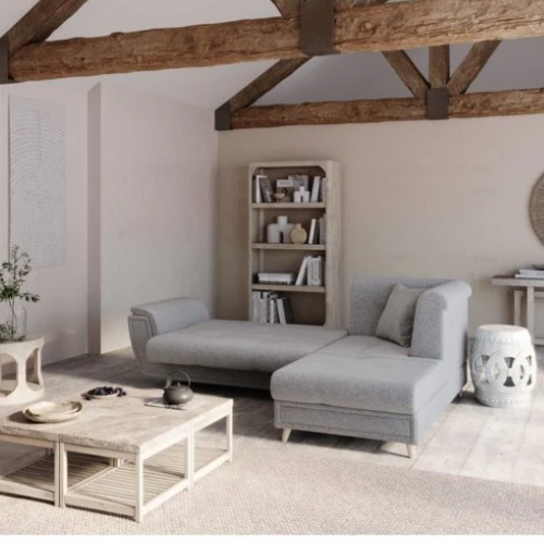 Canapé d'angle fixe convertible en tissu et pieds bois