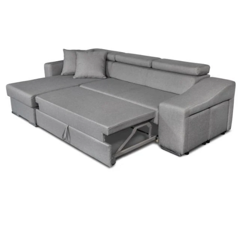 Canapé d'angle réversible, convertible avec coffre et 2 poufs en tissu