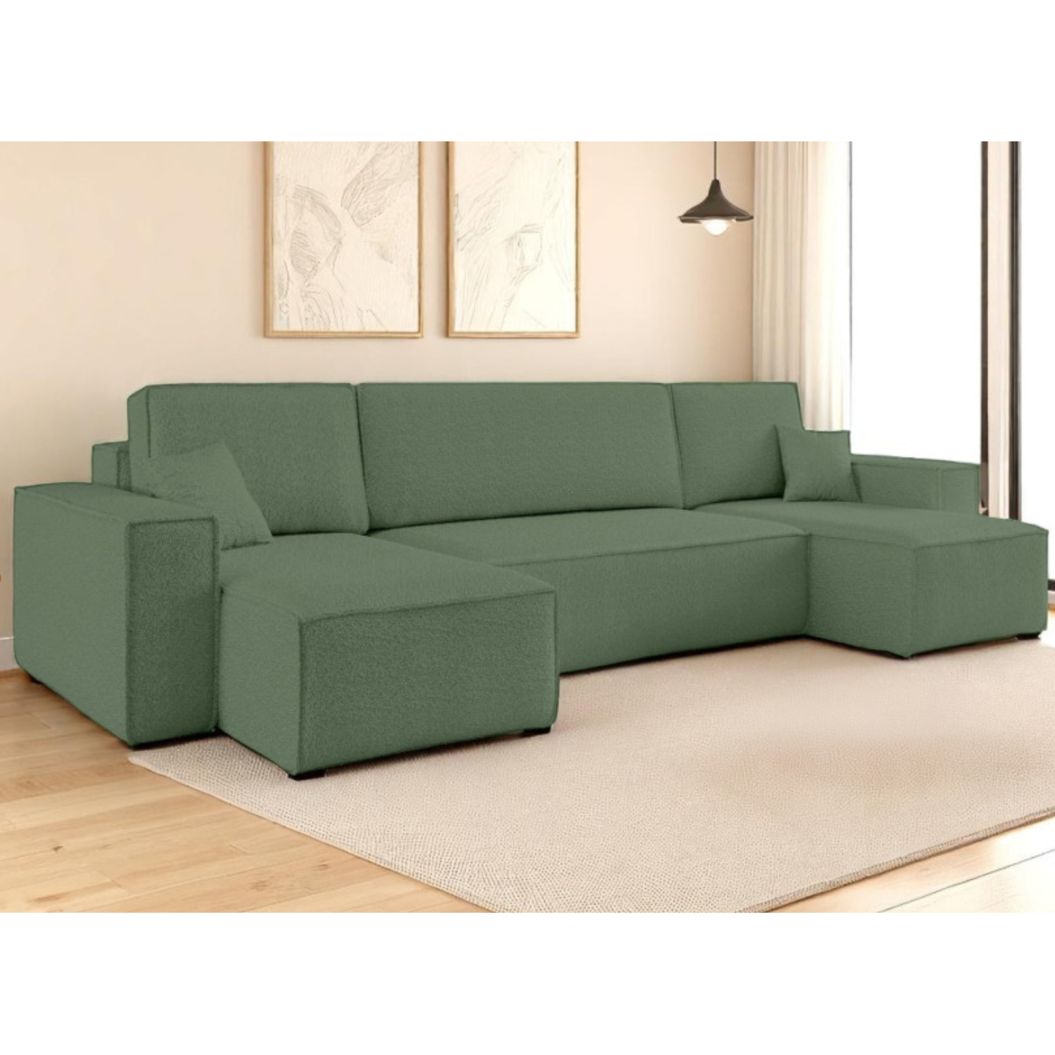 Canapé d'angle panoramique convertible 6 places en tissu bouclette