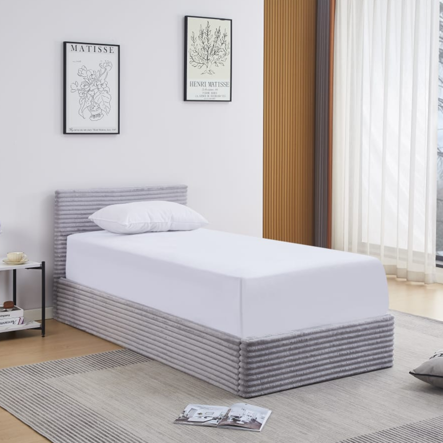 Lit Coffre Côtelé en Velours – Écru ou Gris – 90x190, 140x190, 160x200 cm