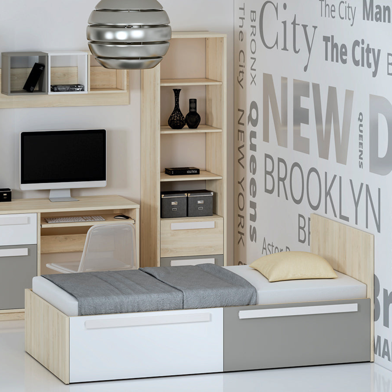 Lit contemporain Hêtre Fjord + Blanc, cadre solide avec bordure ABS et finition résistante