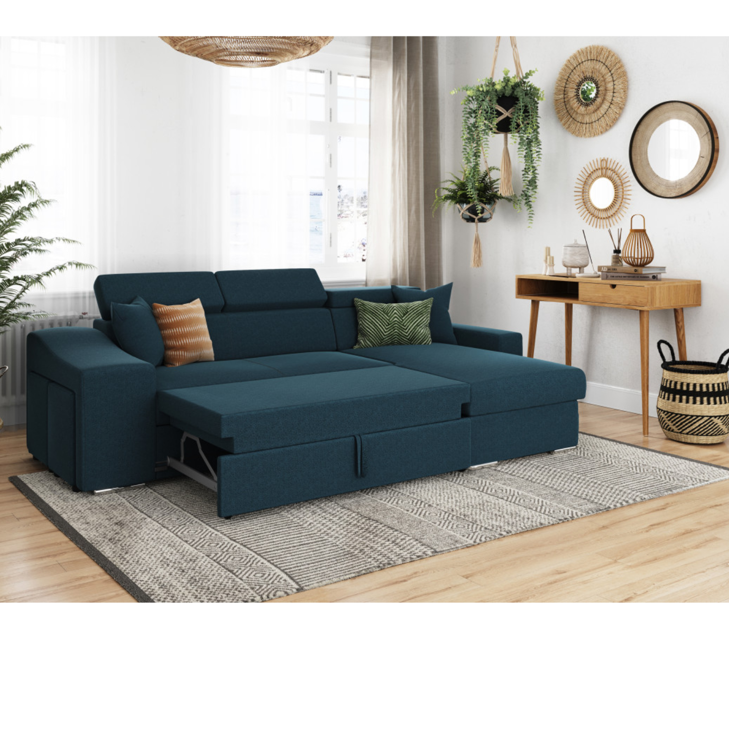 Canapé d'angle réversible, convertible avec coffre et 2 poufs en tissu