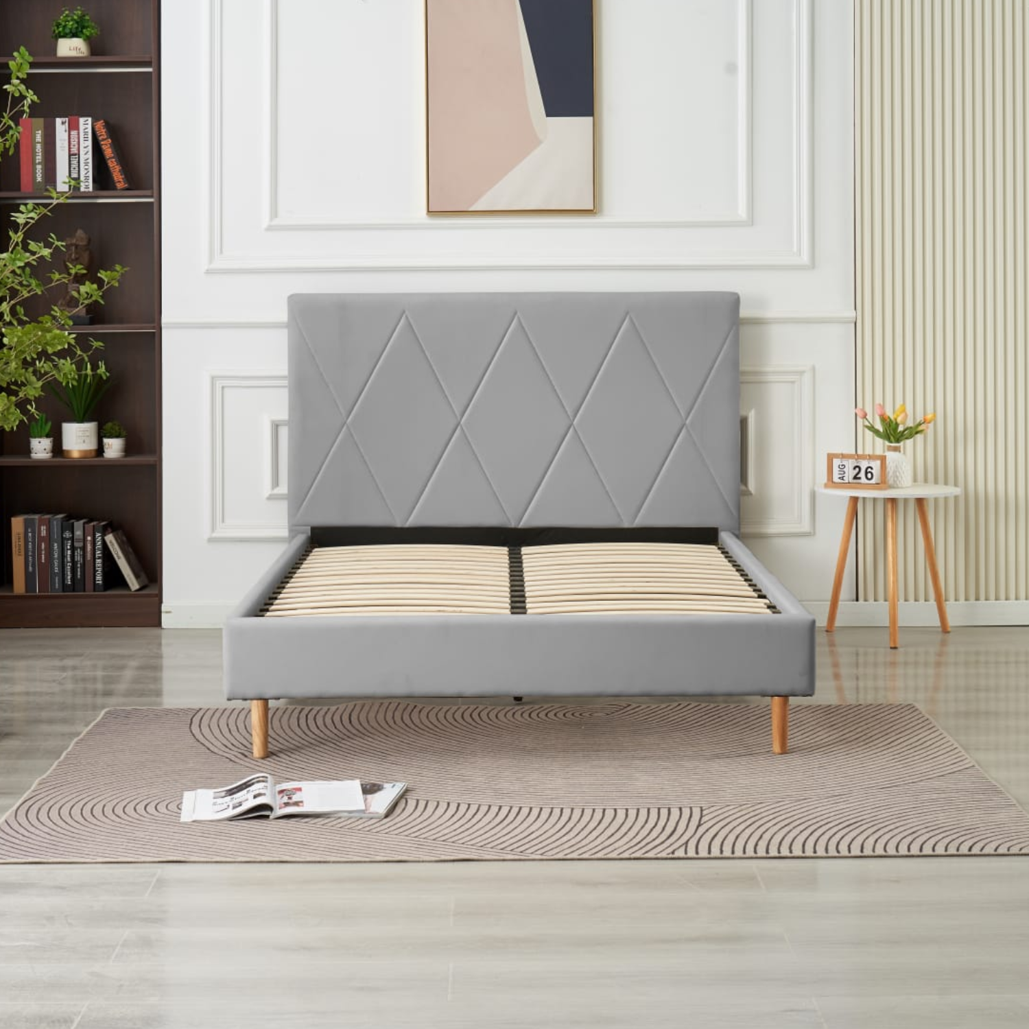 Lit Simple Pied Bois en Similicuir – Blanc, Beige, Noir, Gris – 90x190, 140x190, 160x200 cm