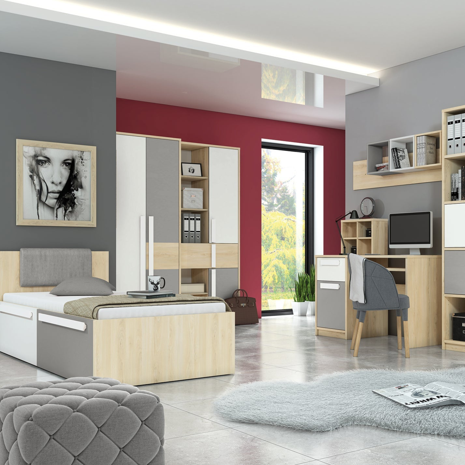 Lit contemporain Hêtre Fjord + Blanc, cadre solide avec bordure ABS et finition résistante