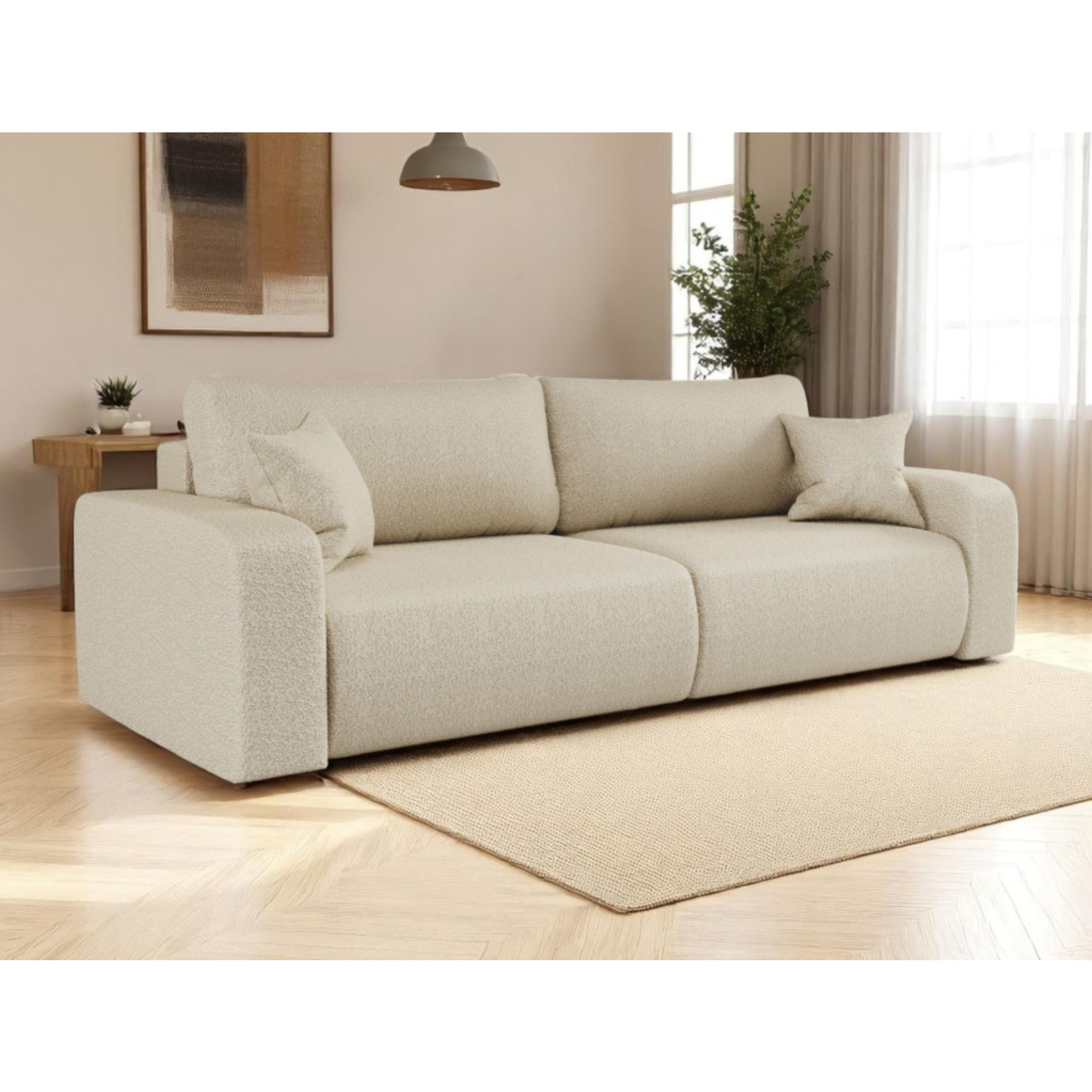 Canapé convertible 3 places – avec coffre de rangement – Tissu bouclette ou velours côtelé – Fabrication européenne