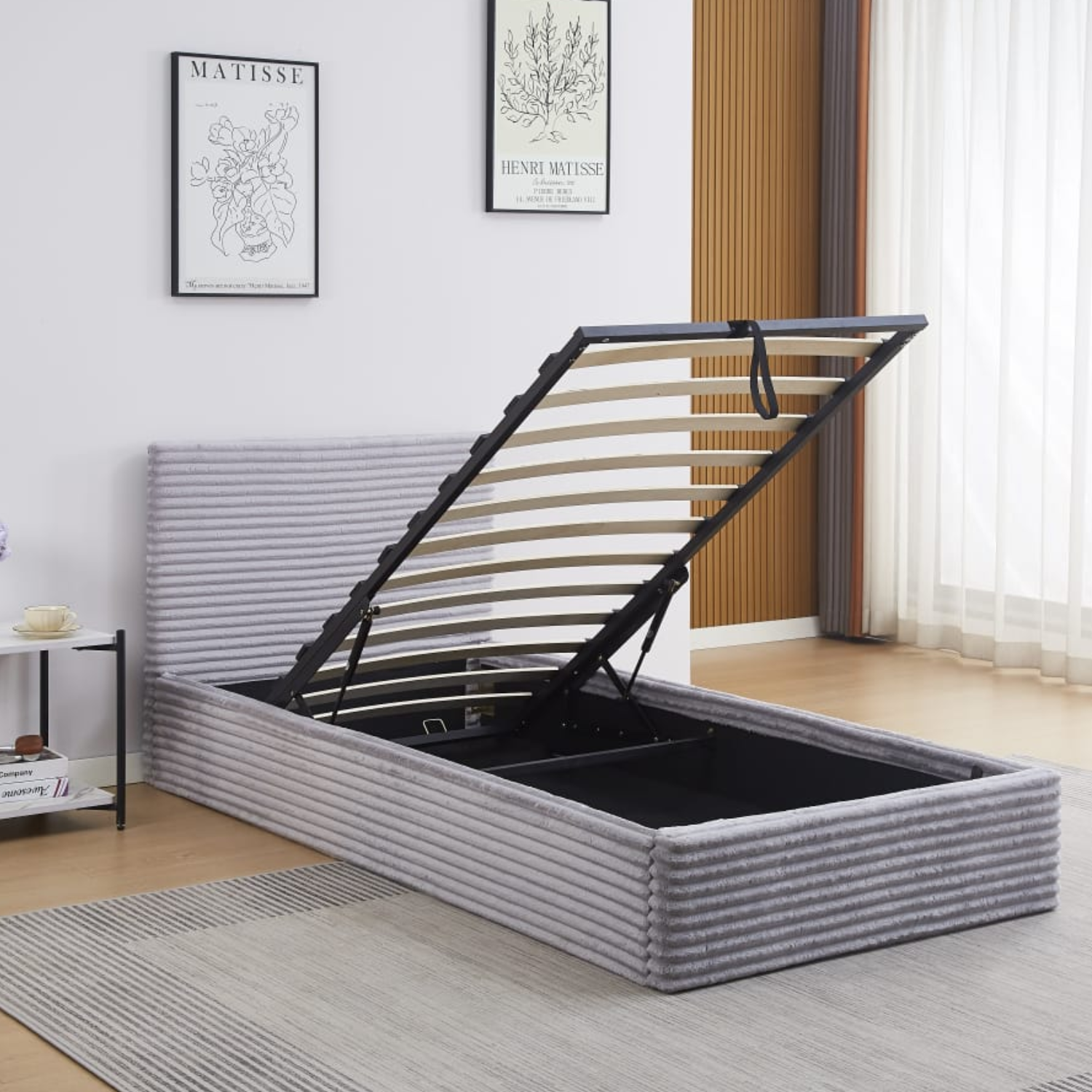 Lit Coffre Côtelé en Velours – Écru ou Gris – 90x190, 140x190, 160x200 cm